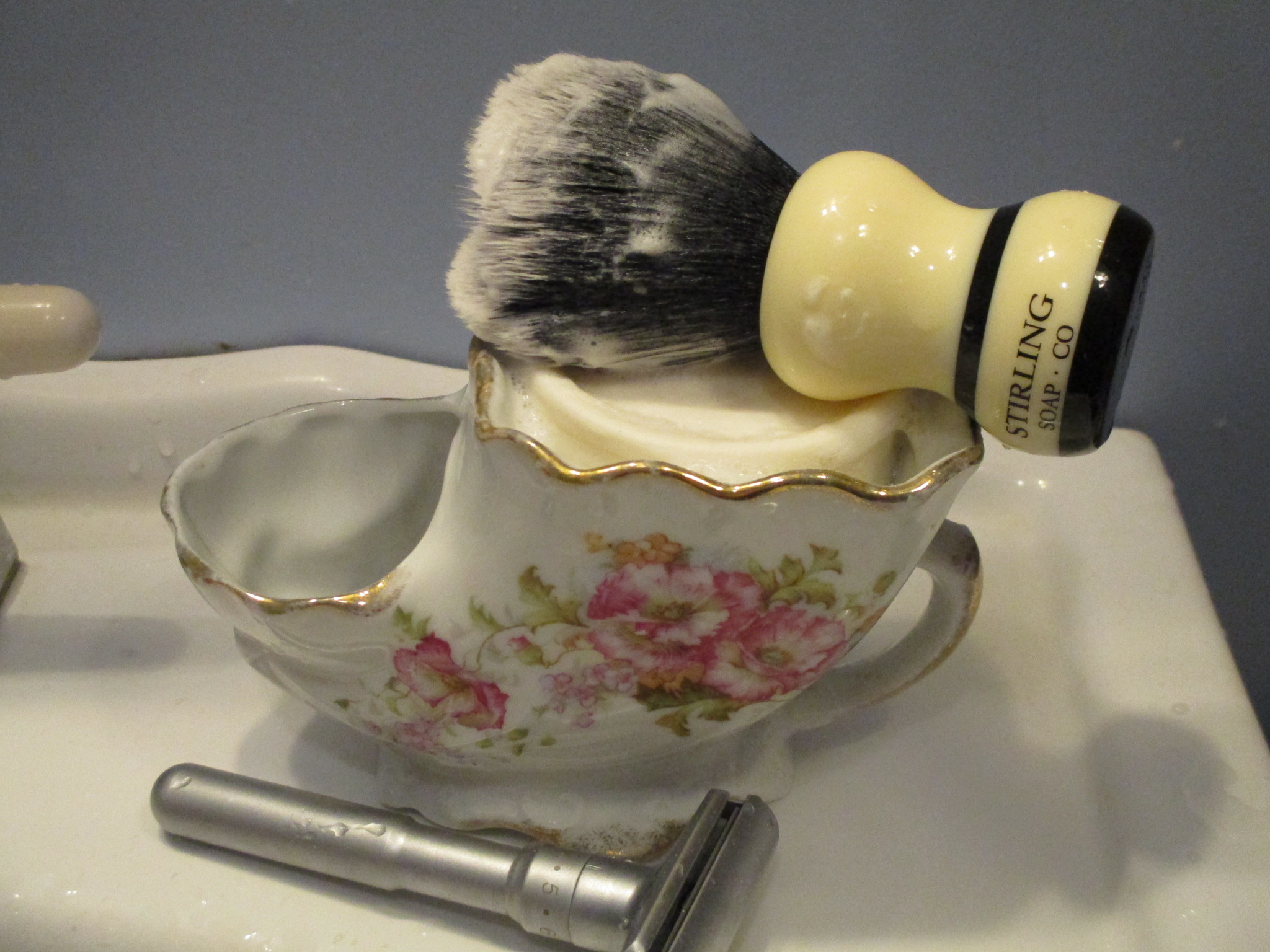 My great-grandfather's scuttle, with Williams soap, Stirling brush, and QShave adjustable razor
